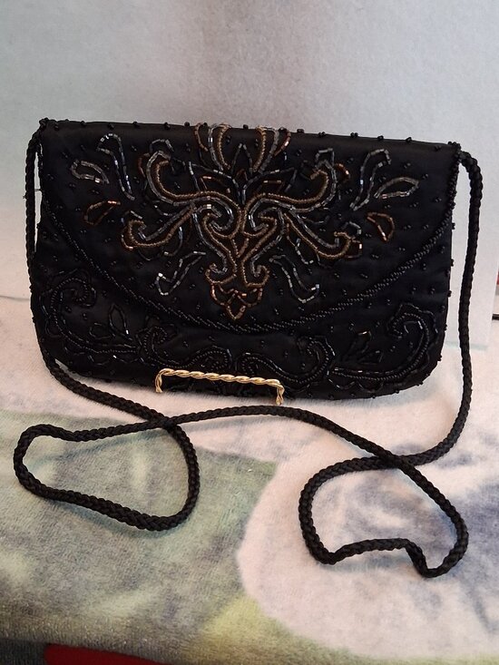 No Brand Handbags - VTG Black Satin Beaded Evening Bag Convertible Crossbody Clutch Metallic Scroll